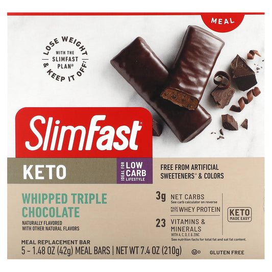 SlimFast, Keto Meal Replacement Bar, Whipped Triple Chocolate, 5 Bars, 1.48 oz (42 g) Each