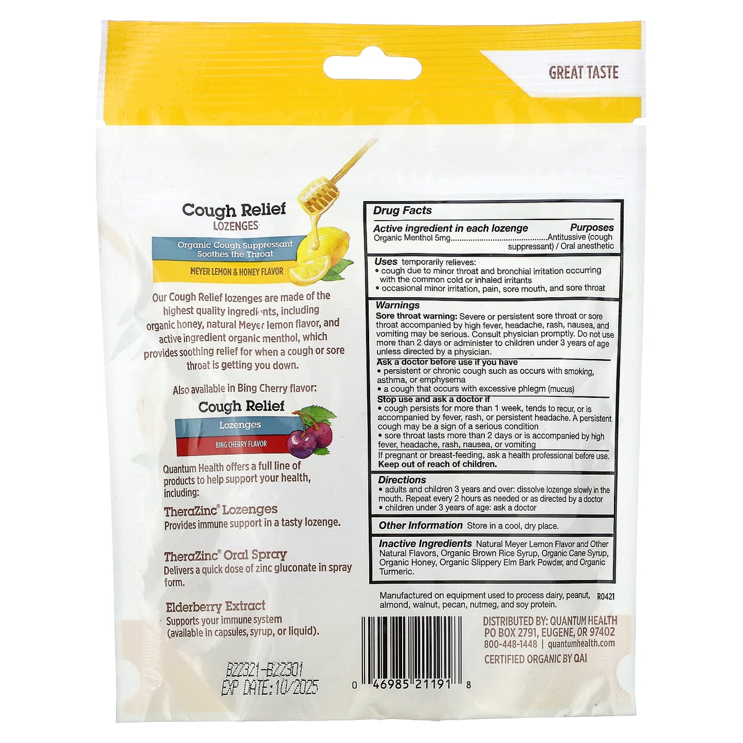 Quantum Health, Cough Relief Lozenges, Meyer Lemon & Honey, 5 mg, 18 Lozenges