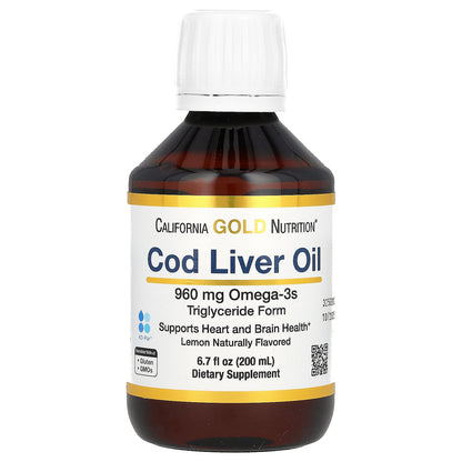 California Gold Nutrition, Cod Liver Oil with Omega-3 Fatty Acids, EPA, DHA, Vitamins A and D, Norwegian, Triglyceride Form, Natural Lemon, 6.7 fl oz (200 ml)