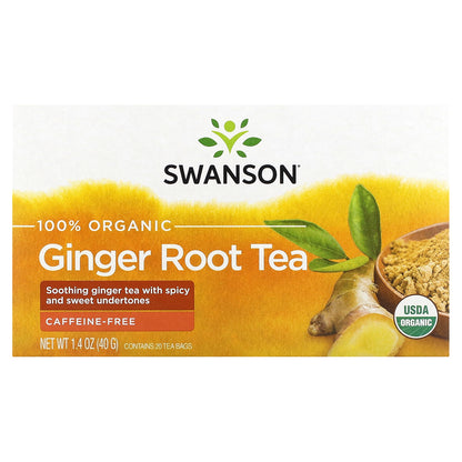 Swanson, 100% Organic Ginger Root Tea, Caffeine-Free, 20 Tea Bags, 1.4 oz (40 g)