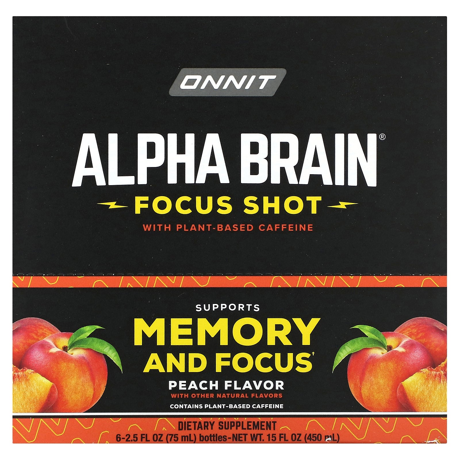 Onnit, Alpha Brain Focus Shot, Peach, 6 Bottles, 2.5 fl oz (75 ml) Each