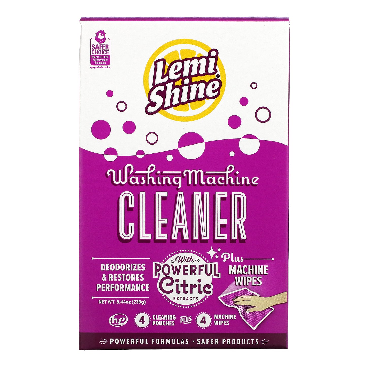 Lemi Shine, Washing Machine Cleaner, Plus Machine Wipes, 4 Cleaning Pouches + 4 Machine Wipes