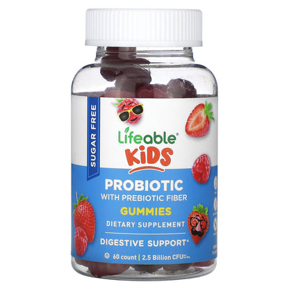 Lifeable, Kids Probiotic with Probiotic Fiber Gummies, Sugar Free, Berry, 2.5 Billion CFU, 60 Gummies