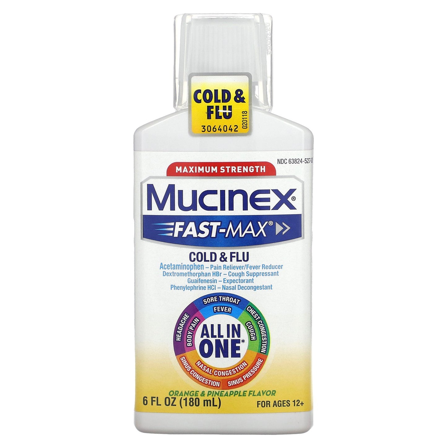 Mucinex, Fast-Max Cold & Flu, Maximum Strength, Ages 12+, Orange & Pineapple, 6 fl oz (180 ml)