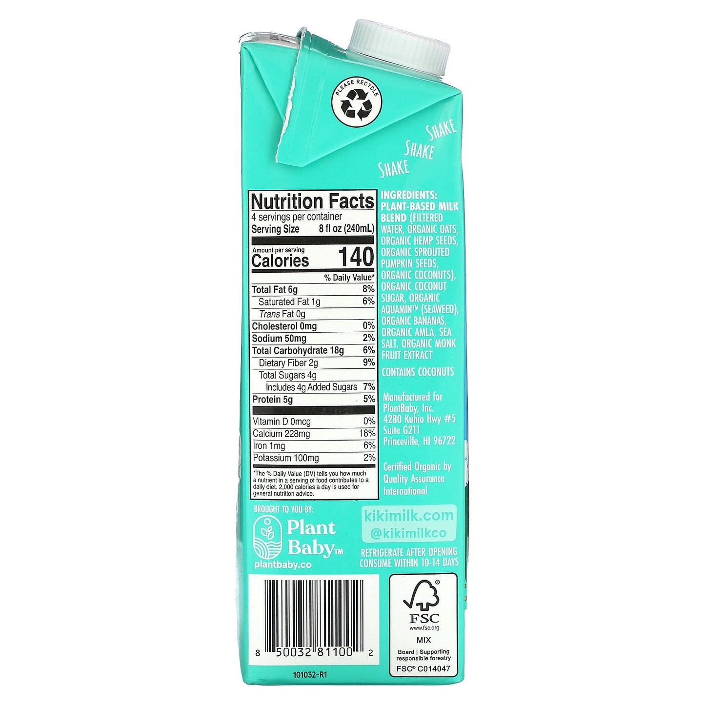 Kiki Milk, Organic Plant-Based Milk, Original, 32 fl oz (946 ml)