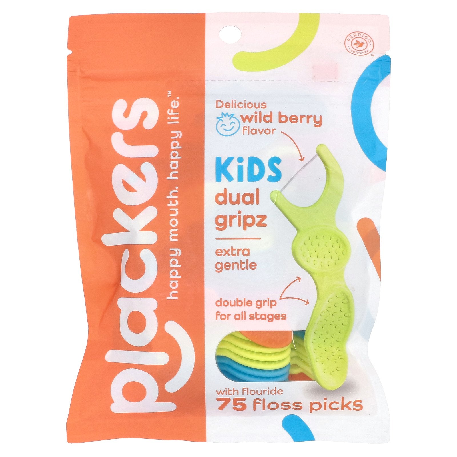 Plackers, Kid's Dual Gripz, Extra Gentle with Fluoride, Wild Berry, 75 Floss Picks
