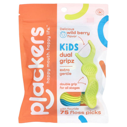 Plackers, Kid's Dual Gripz, Extra Gentle with Fluoride, Wild Berry, 75 Floss Picks