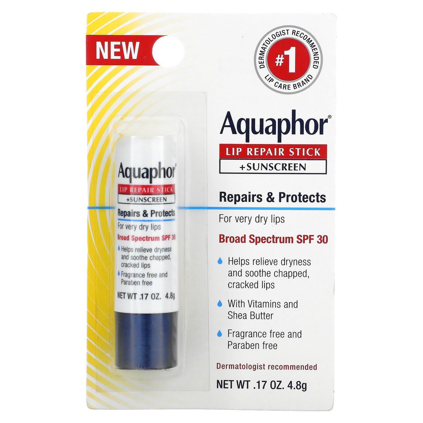 Aquaphor, Lip Repair Stick + Sunscreen, SPF 30, Fragrance Free, 0.17 oz (4.8 g)