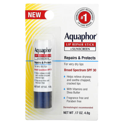 Aquaphor, Lip Repair Stick + Sunscreen, SPF 30, Fragrance Free, 0.17 oz (4.8 g)