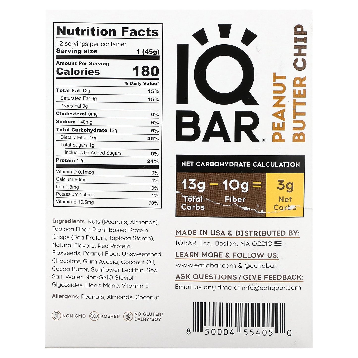 IQBAR, Peanut Butter Chip, 12 Bars, 1.6 oz (45 g) Each