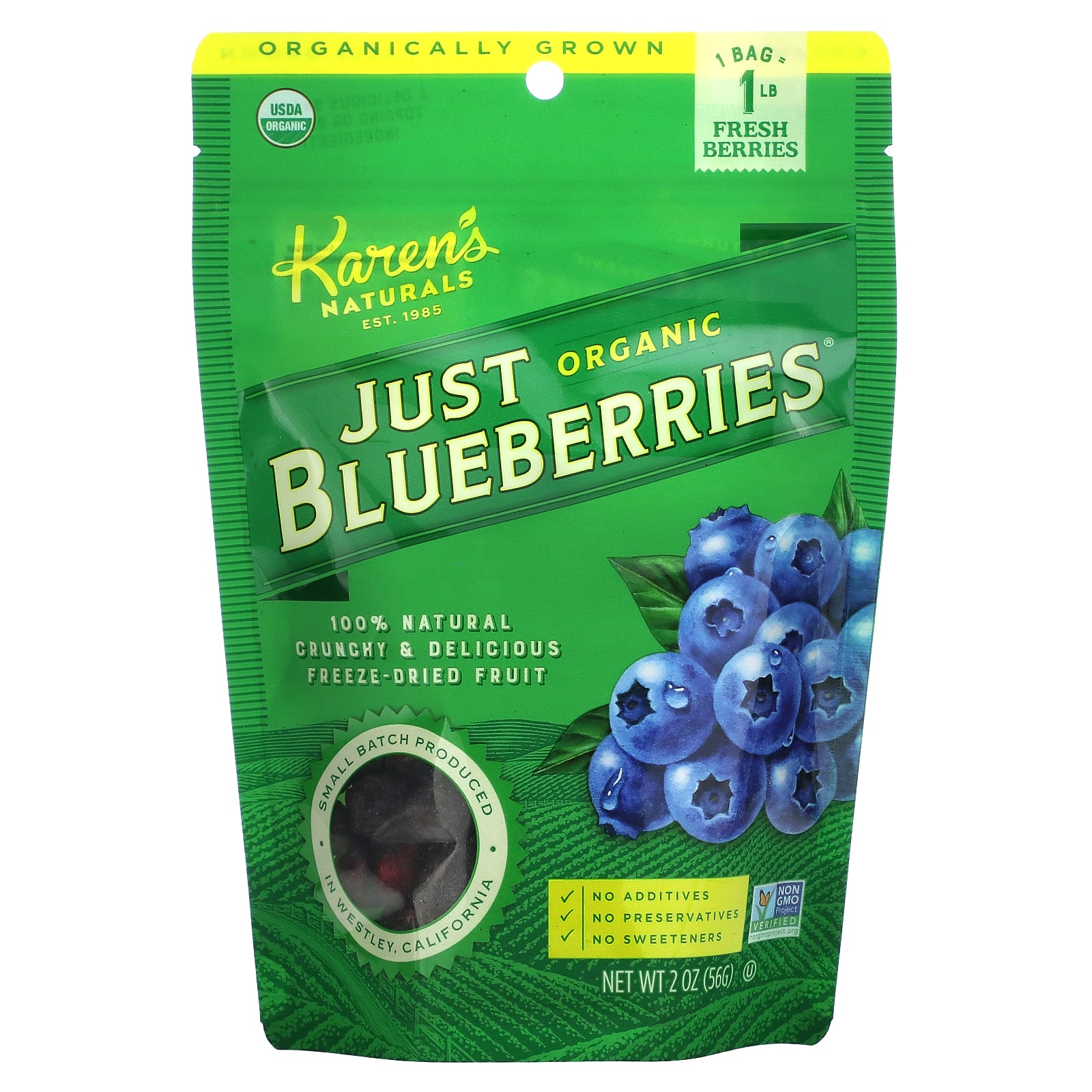 Karen's Naturals, Organic Just Blueberries, Freeze-Dried Fruit, 2 oz (56 g)