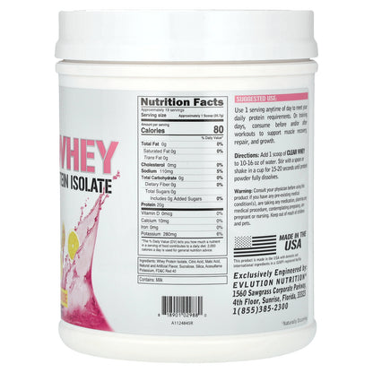 EVLution Nutrition, Clear Whey, 100% Whey Protein Isolate, Pink Lemonade, 1.1 lb (500 g)