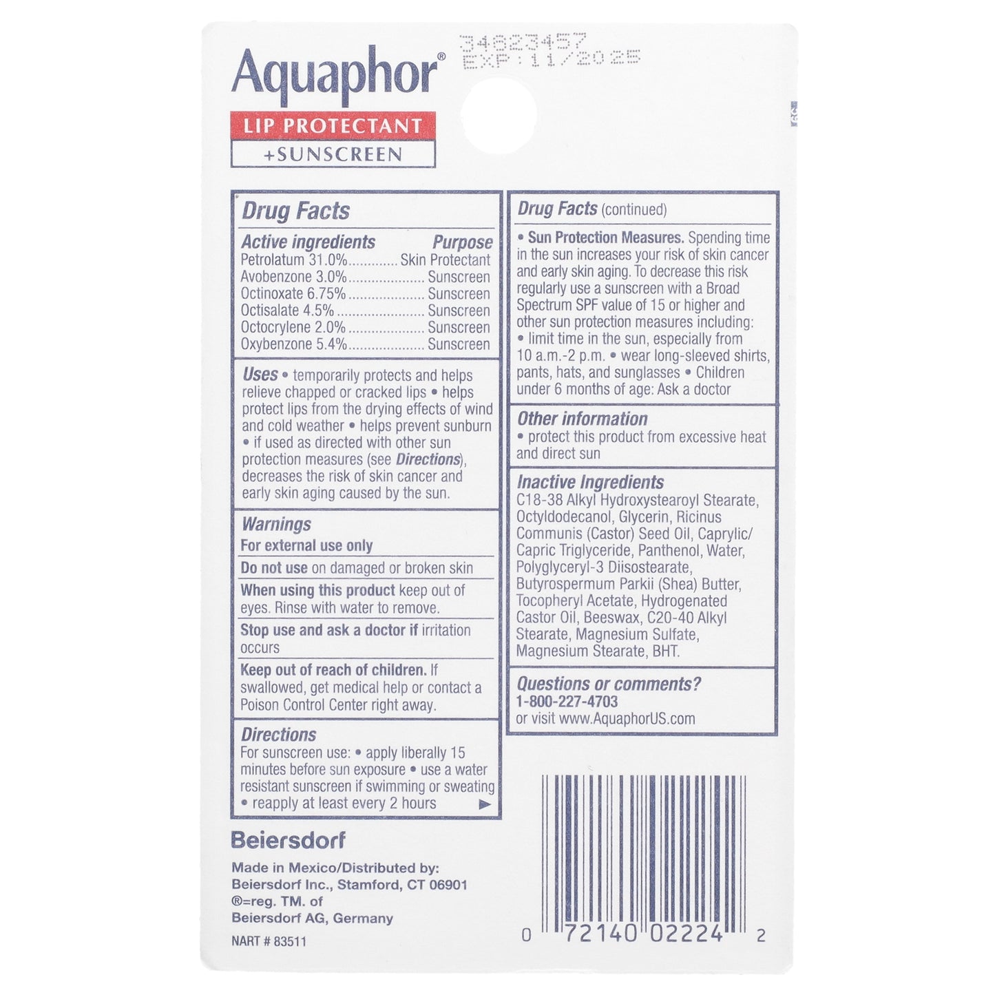 Aquaphor, Lip Protectant + Sunscreen, SPF 30, 2 Tubes, 0.35 fl oz (10 ml) Each