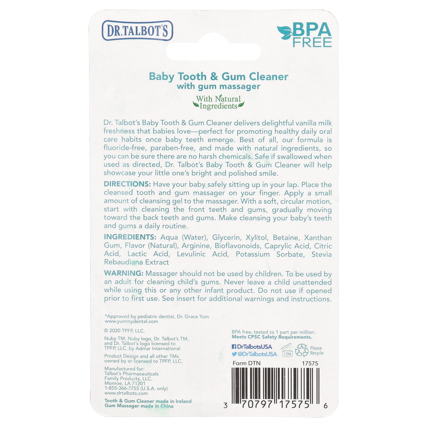 Dr. Talbot's, Baby Tooth & Gum Cleaner with Gum Massager, 0 m+, Vanilla Milk, 2 Piece Set