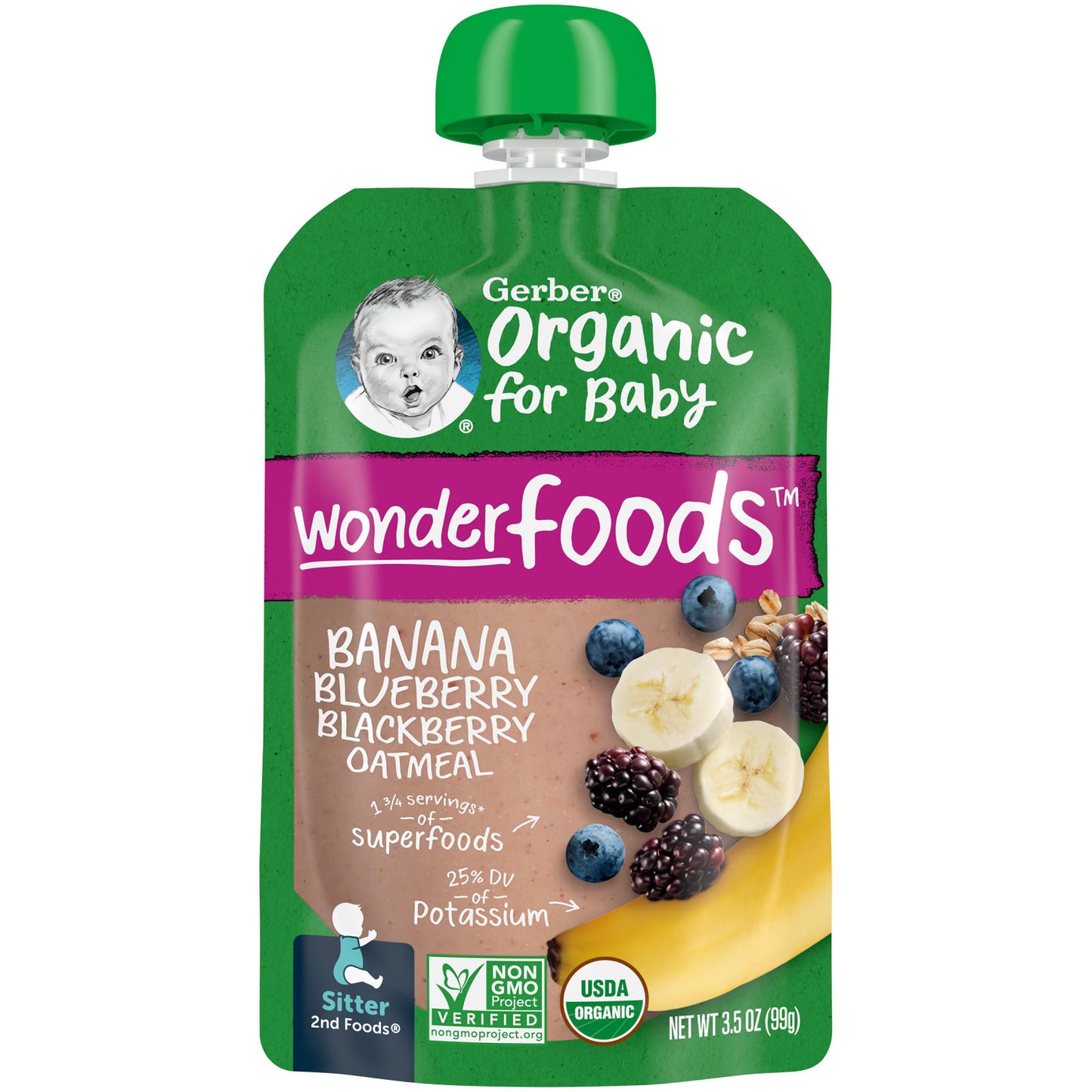 Gerber, Organic for Baby, Wonder Foods, 2nd Foods, Banana, Blueberry & Blackberry Oatmeal, 3.5 oz (99 g)