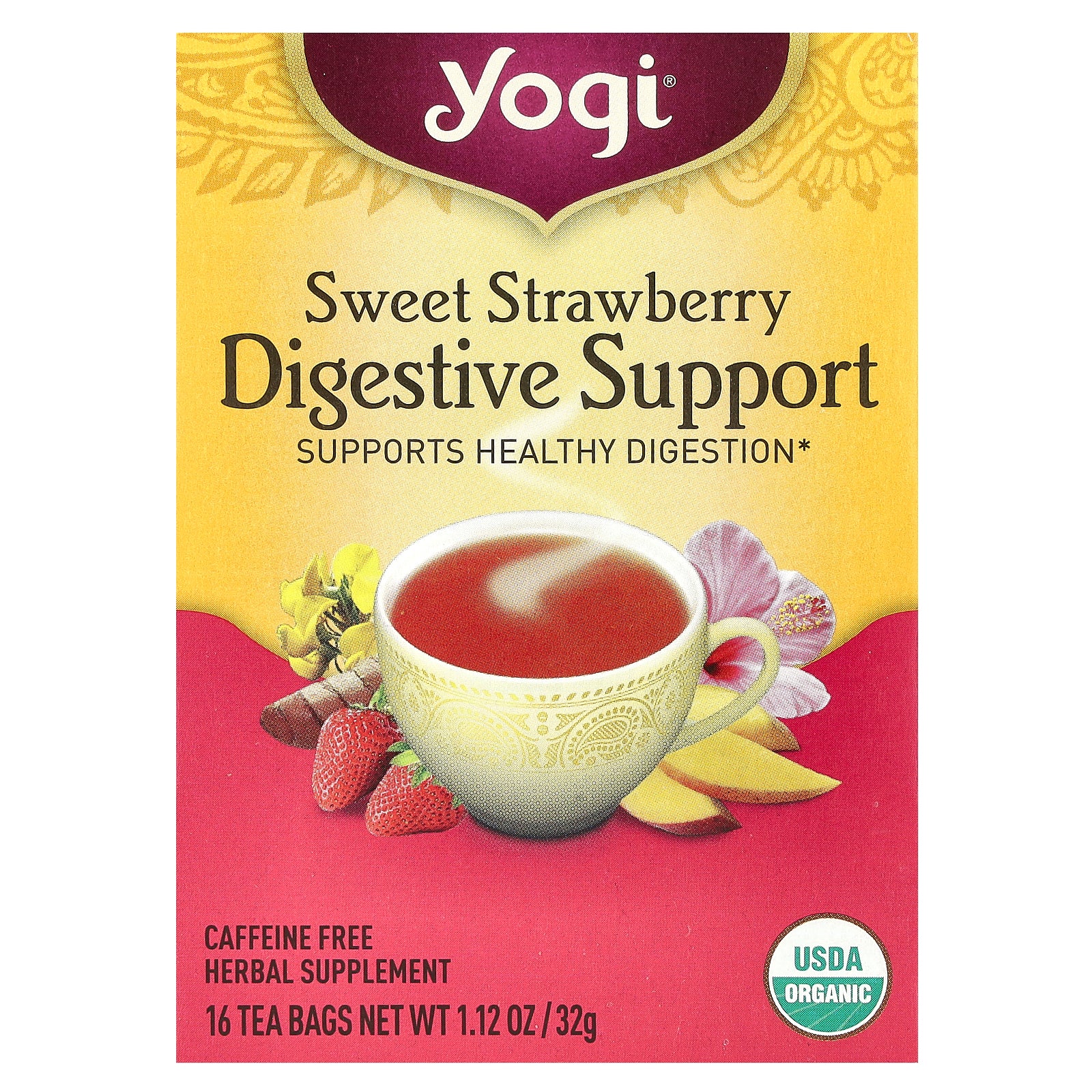 Yogi Tea, Digestive Support, Sweet Strawberry, Caffeine Free, 16 Tea Bags, 1.12 oz (32 g)