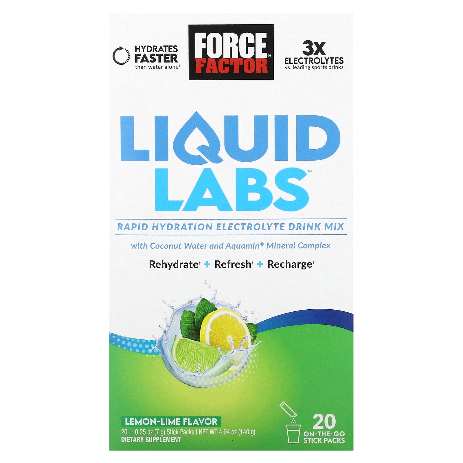 Force Factor, Liquid Labs™, Rapid Hydration Electrolyte Drink Mix, Lemon-Lime, 20 Stick Packs, 0.25 oz (7 g) Each