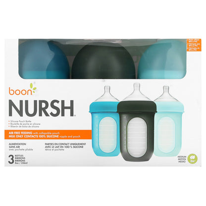 Boon, Nursh, Silicone Pouch Bottle, 3m+, Medium, 3 Bottles, 8 oz (236 ml) Each