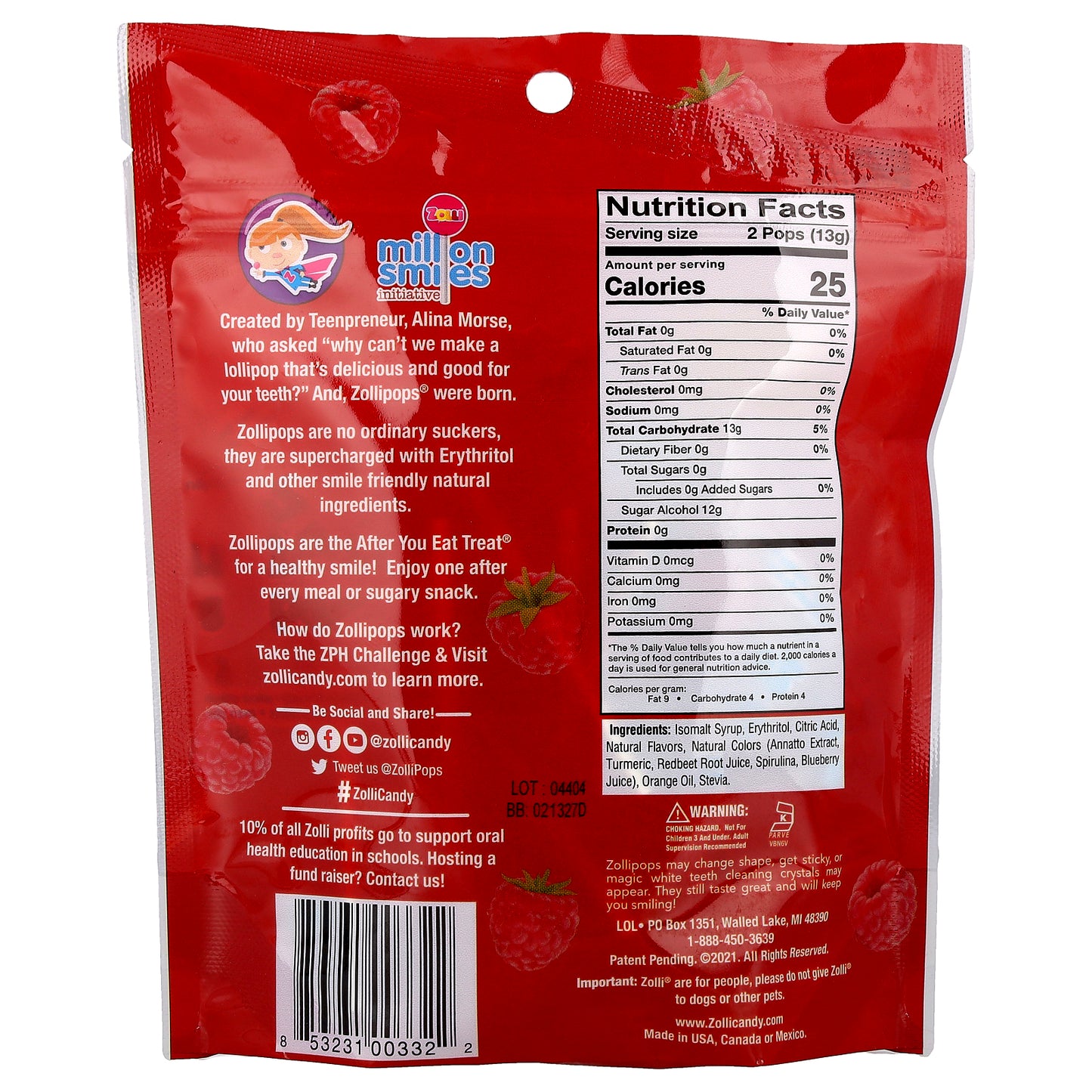 Zollipops, The Clean Teeth Pops®, Red Raspberry, 3.1 oz