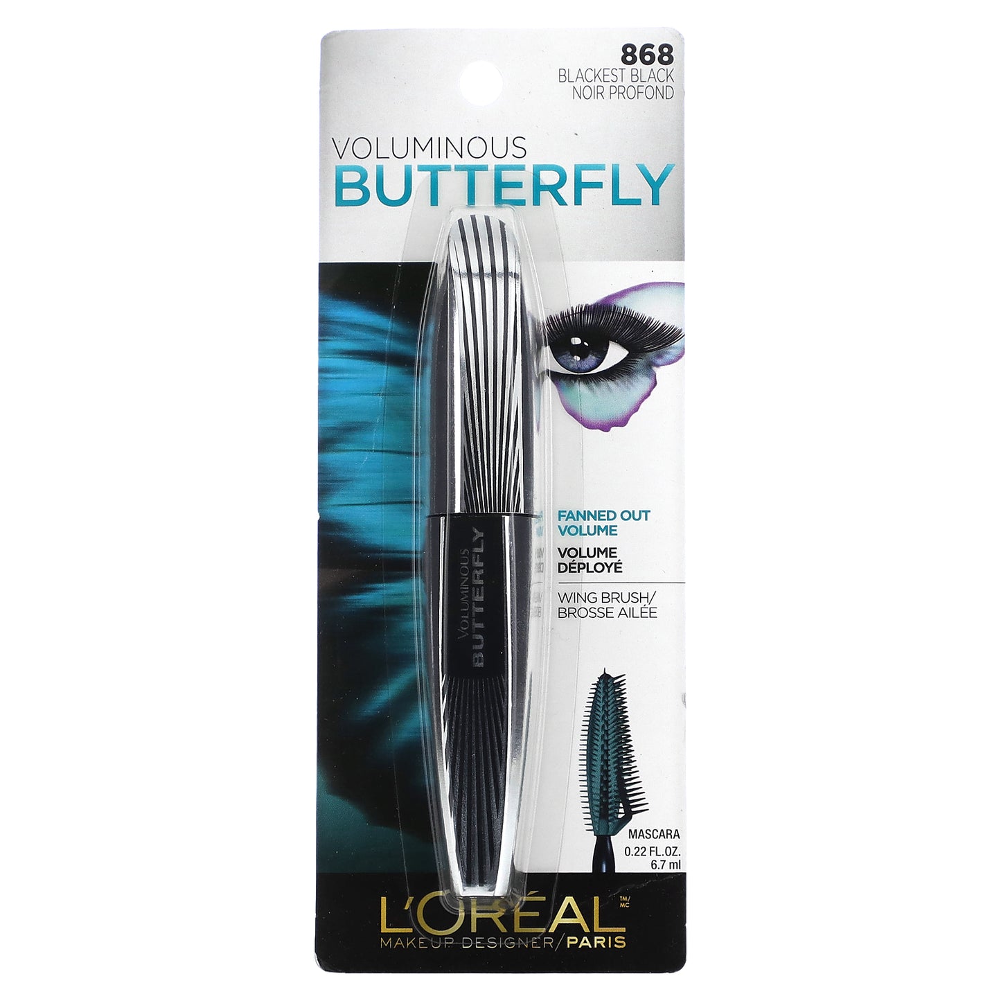 L'Oréal, Voluminous, Butterfly Mascara, 868 Blackest Black, 0.22 fl oz (6.7 ml)