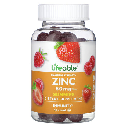 Lifeable, Maximum Strength Zinc Gummies, Berry, 60 Gummies (25 mg per Gummy)