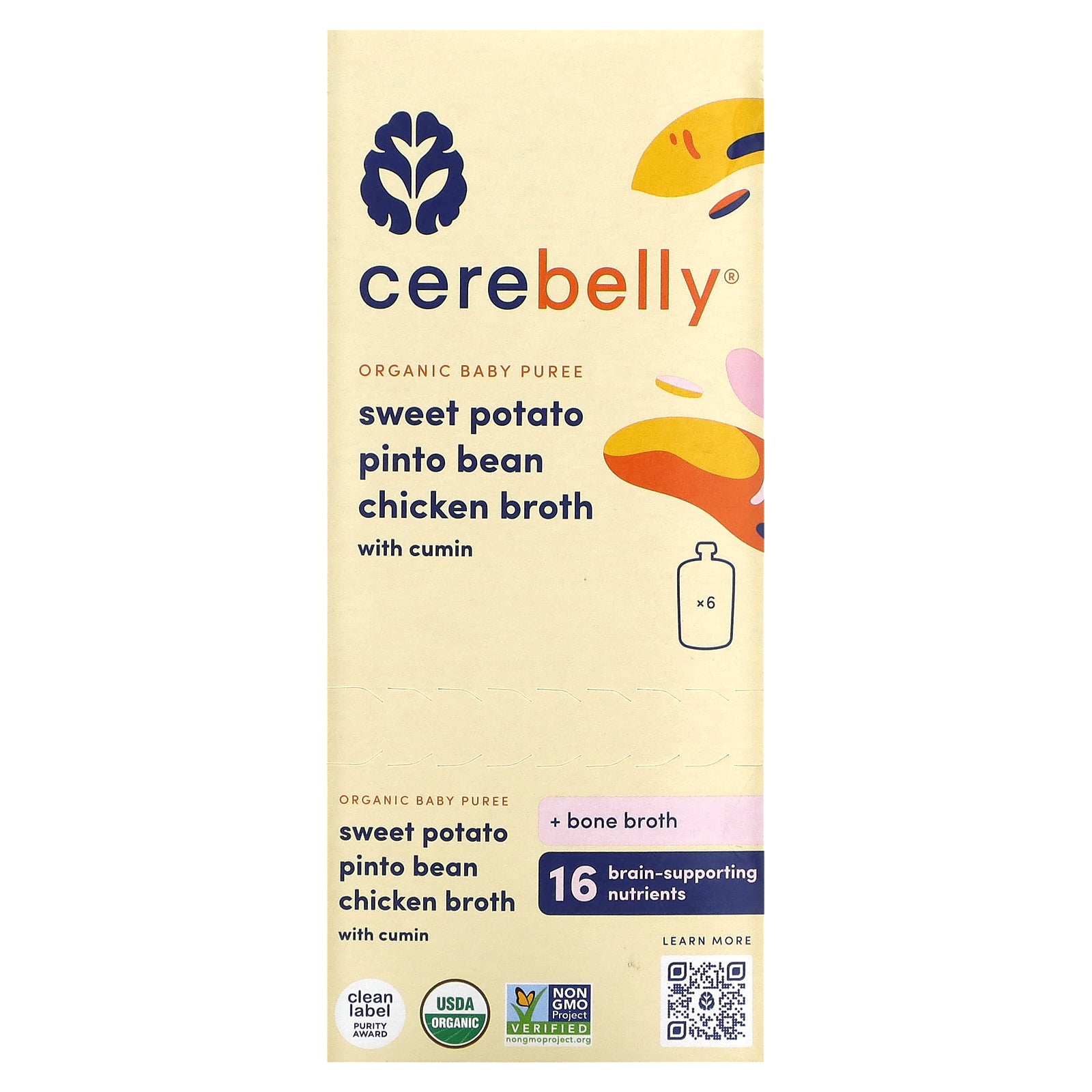 Cerebelly, Organic Baby Puree, Sweet Potato, Pinto Bean, Chicken Broth with Cumin, 6 Pouches, 4 oz (113 g) Each