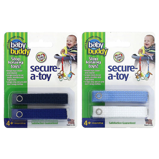 Baby Buddy, Secure-A-Toy, 4 + Months, Black/Dark Blue & Light Blue/White, 4 Straps