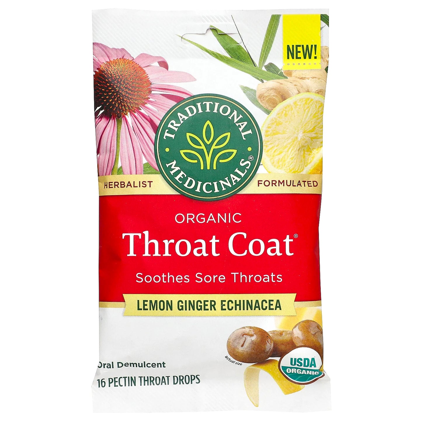 Traditional Medicinals, Organic Throat Coat Drops, Lemon Ginger Echinacea, 16 Pectin Throat Drops