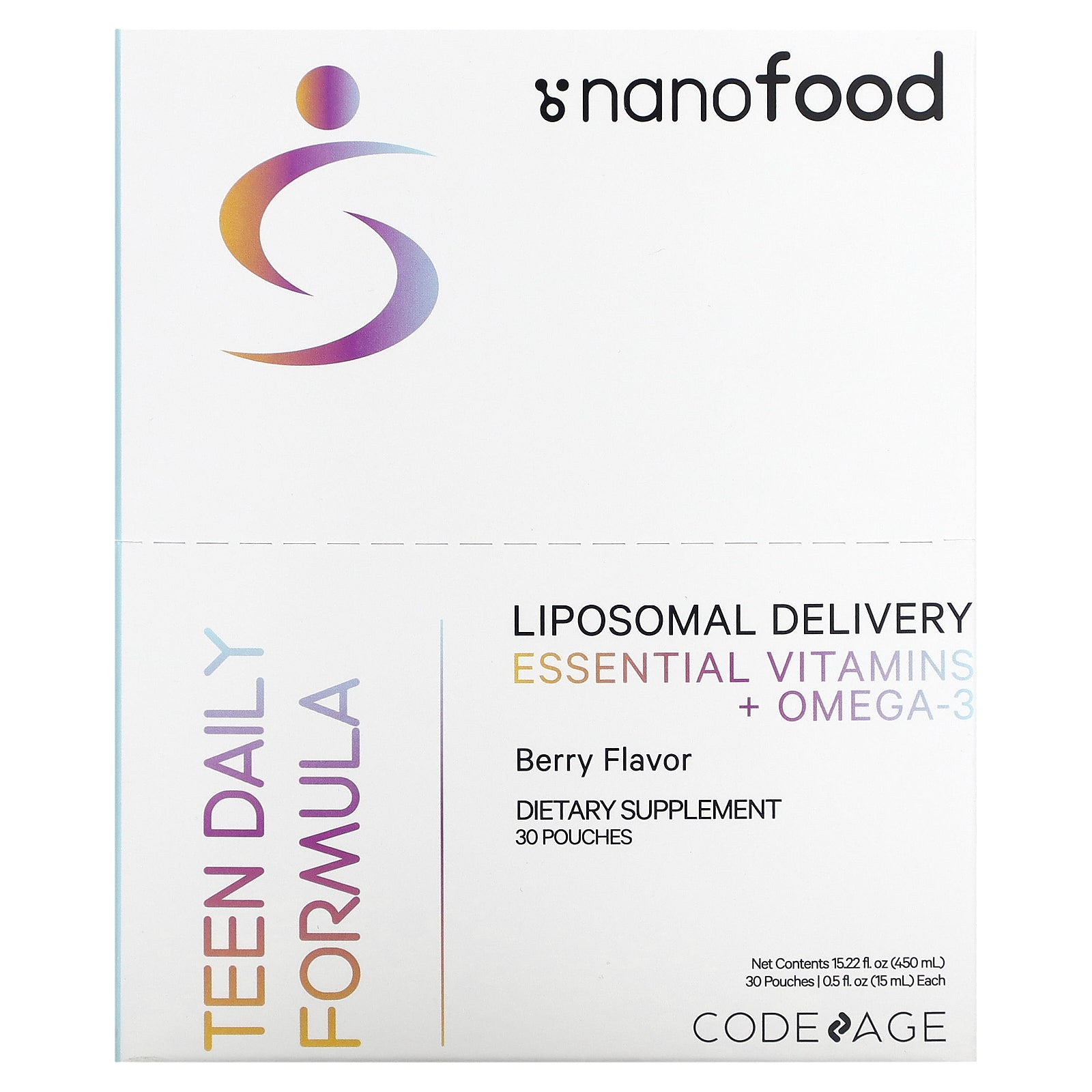 Codeage, Nanofood, Teen Daily Formula, Liposomal Delivery, Essential Vitamins + Omega-3, Berry, 30 Pouches, 0.5 fl oz (15 ml) Each