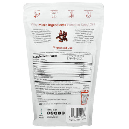 Micro Ingredients, Pumpkin Seed Oil, Cold Pressed, 300 Softgels