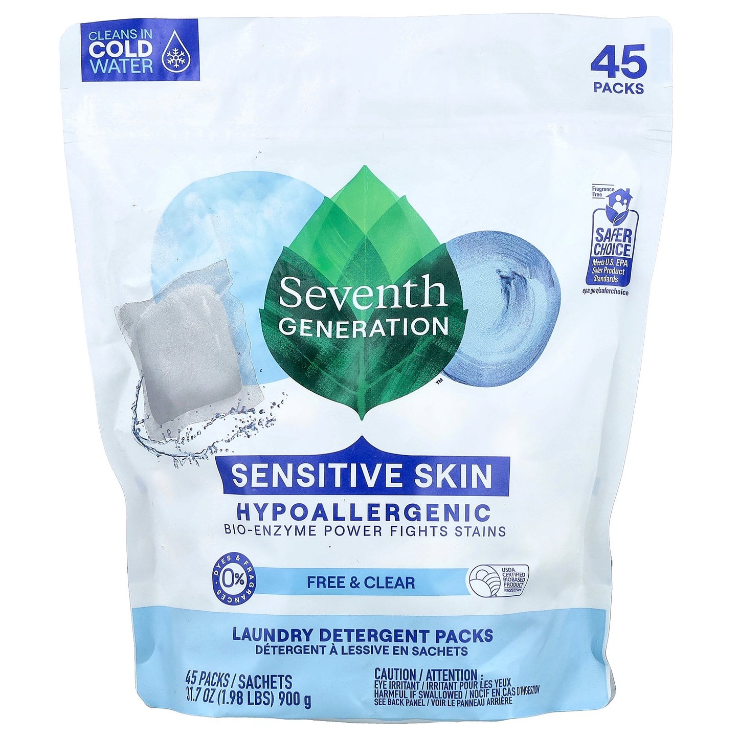 Seventh Generation, Laundry Detergent Packs, Free & Clear, Fragrance Free, 45 Packs, 1.98 lbs (900 g)