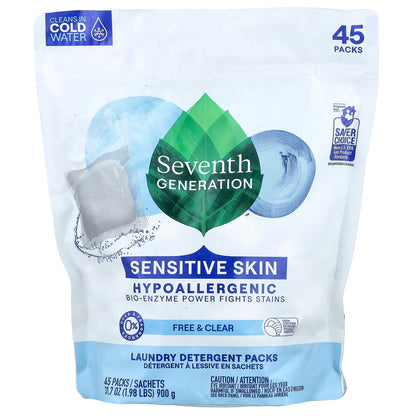 Seventh Generation, Laundry Detergent Packs, Free & Clear, Fragrance Free, 45 Packs, 1.98 lbs (900 g)