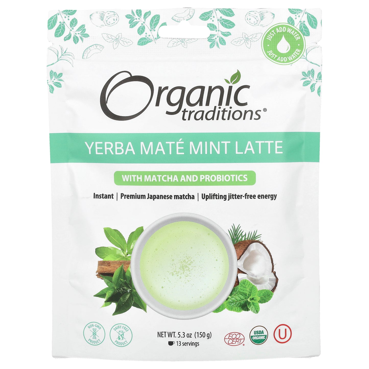 Organic Traditions, Yerba Mate Mint Latte with Matcha and Probiotics, 5.3 oz (150 g)