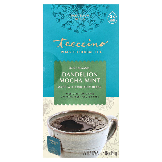 Teeccino, Roasted Herbal Tea, Dandelion Mocha Mint, Caffeine Free, 25 Tea Bags, 5.3 oz (150 g)