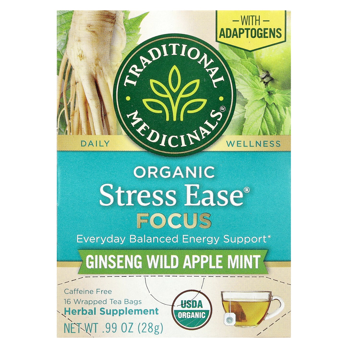 Traditional Medicinals, Organic Stress Ease® Focus, Ginseng Wild Apple Mint, Caffeine Free, 16 Wrapped Tea Bags, 0.99 oz (28 g)