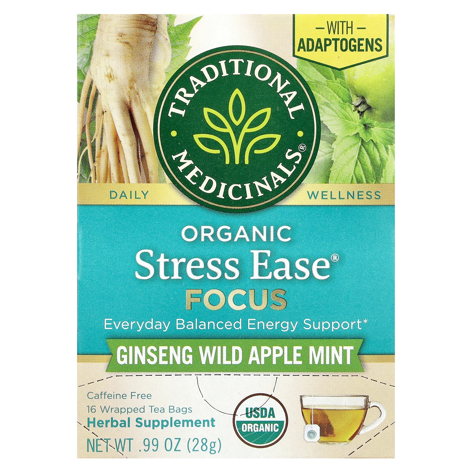 Traditional Medicinals, Organic Stress Ease® Focus, Ginseng Wild Apple Mint, Caffeine Free, 16 Wrapped Tea Bags, 0.99 oz (28 g)