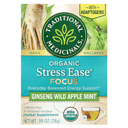 Traditional Medicinals, Organic Stress Ease® Focus, Ginseng Wild Apple Mint, Caffeine Free, 16 Wrapped Tea Bags, 0.99 oz (28 g)