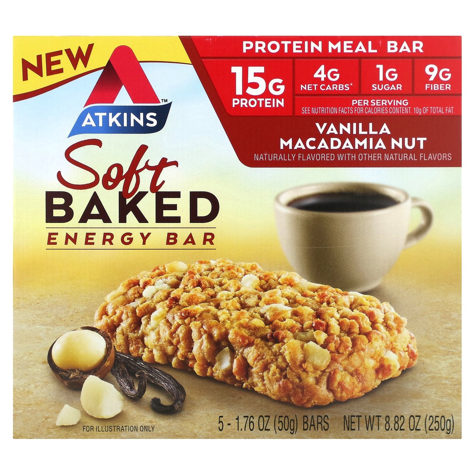 Atkins, Soft Baked Energy Bar, Vanilla Macadamia Nut, 5 Bars, 1.76 oz (50 g) Each