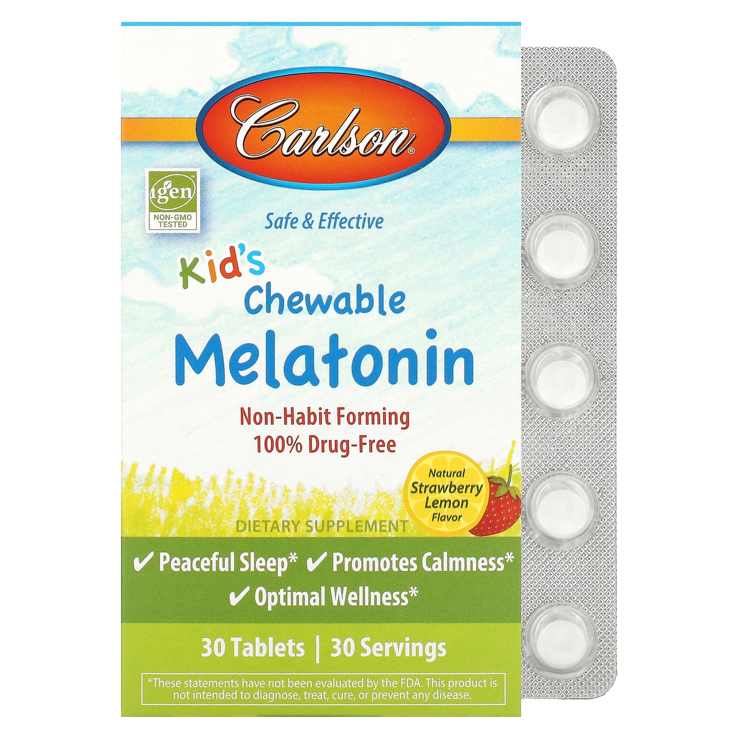 Carlson, Kid's Chewable Melatonin, Strawberry Lemon, 300 mcg, 30 Tablets