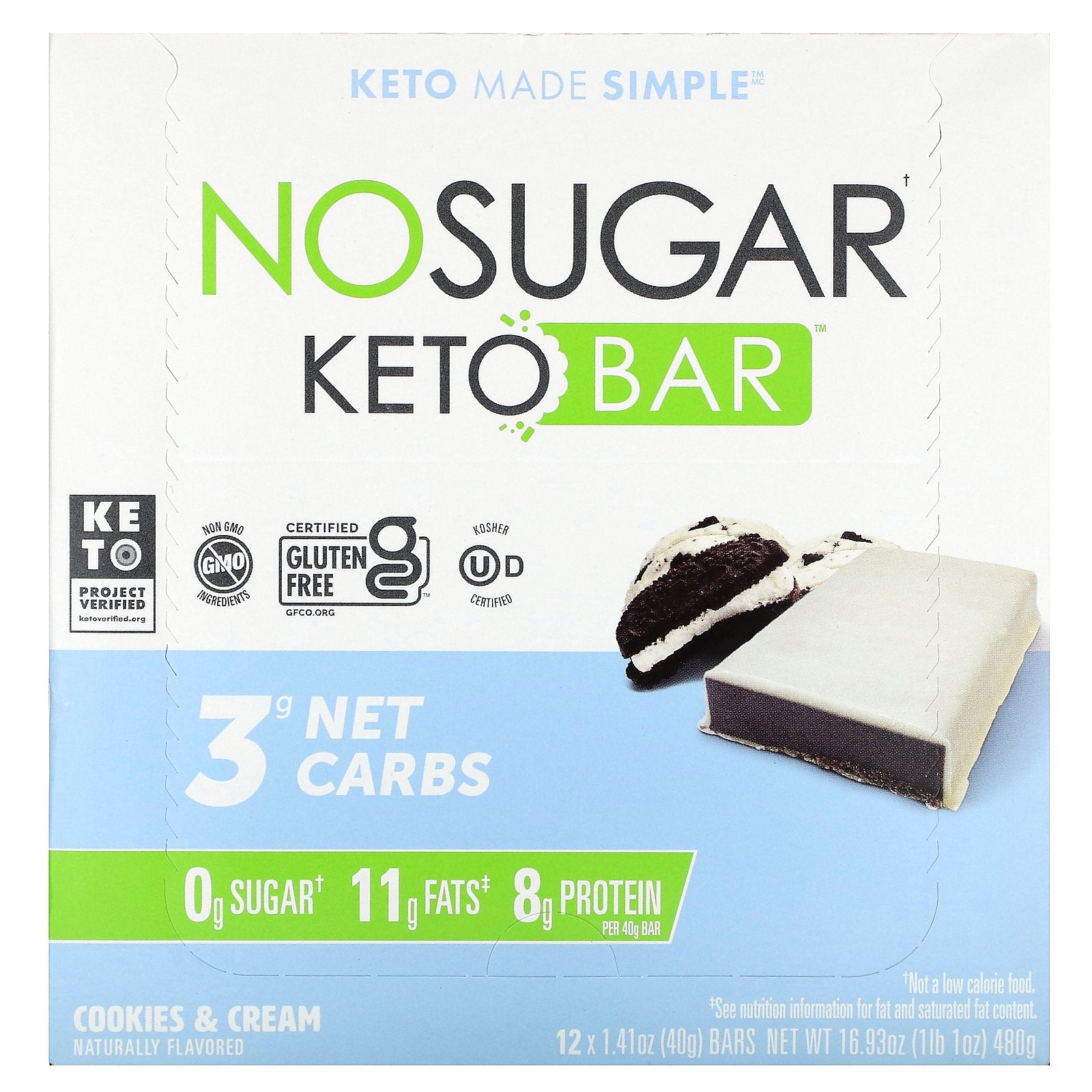 No Sugar Company, Keto Bar, Cookies & Cream, 12 Bars, 1.41 oz (40 g) Each