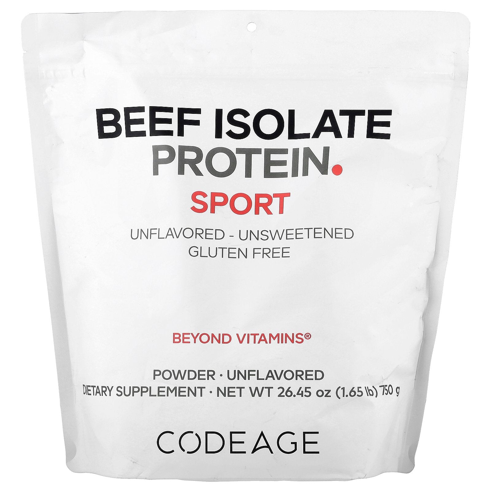 Codeage, Sport, Beef Isolate Protein Powder, Unflavored, 1.65 lb (750 g)