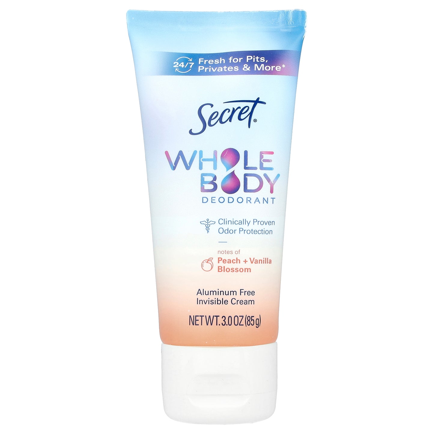 Secret, Whole Body Deodorant, Aluminum Free Invisible Cream, Peach + Vanilla Blossom, 3 oz (85 g)