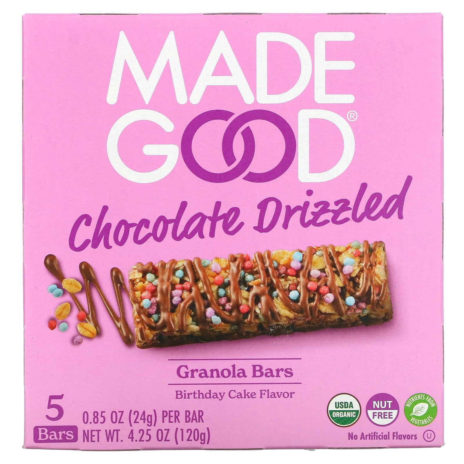 MadeGood, Granola Bars, Chocolate Drizzled, Birthday Cake, 5 Bars, 0.85 oz (24 g) Each