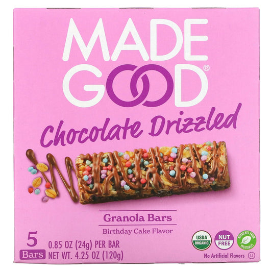 MadeGood, Granola Bars, Chocolate Drizzled, Birthday Cake, 5 Bars, 0.85 oz (24 g) Each