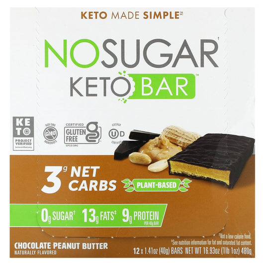 No Sugar Company, Keto Bar, Chocolate Peanut Butter, 12 Bars, 1.41 oz (40 g) Each