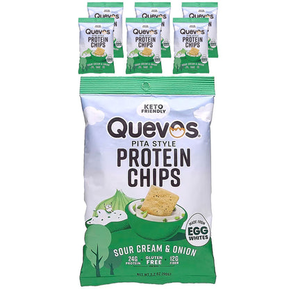 Quevos, Pita Style Protein Chips, Sour Cream & Onion, 6 Family Pack Bags, 3.2 oz (90 g) Each