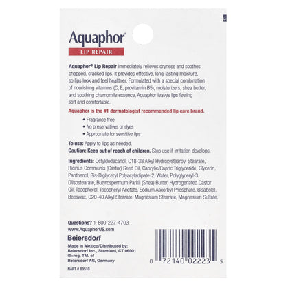 Aquaphor, Lip Repair, Immediate Relief, Fragrance Free, 2 Tubes, 0.35 fl oz (10 ml) Each