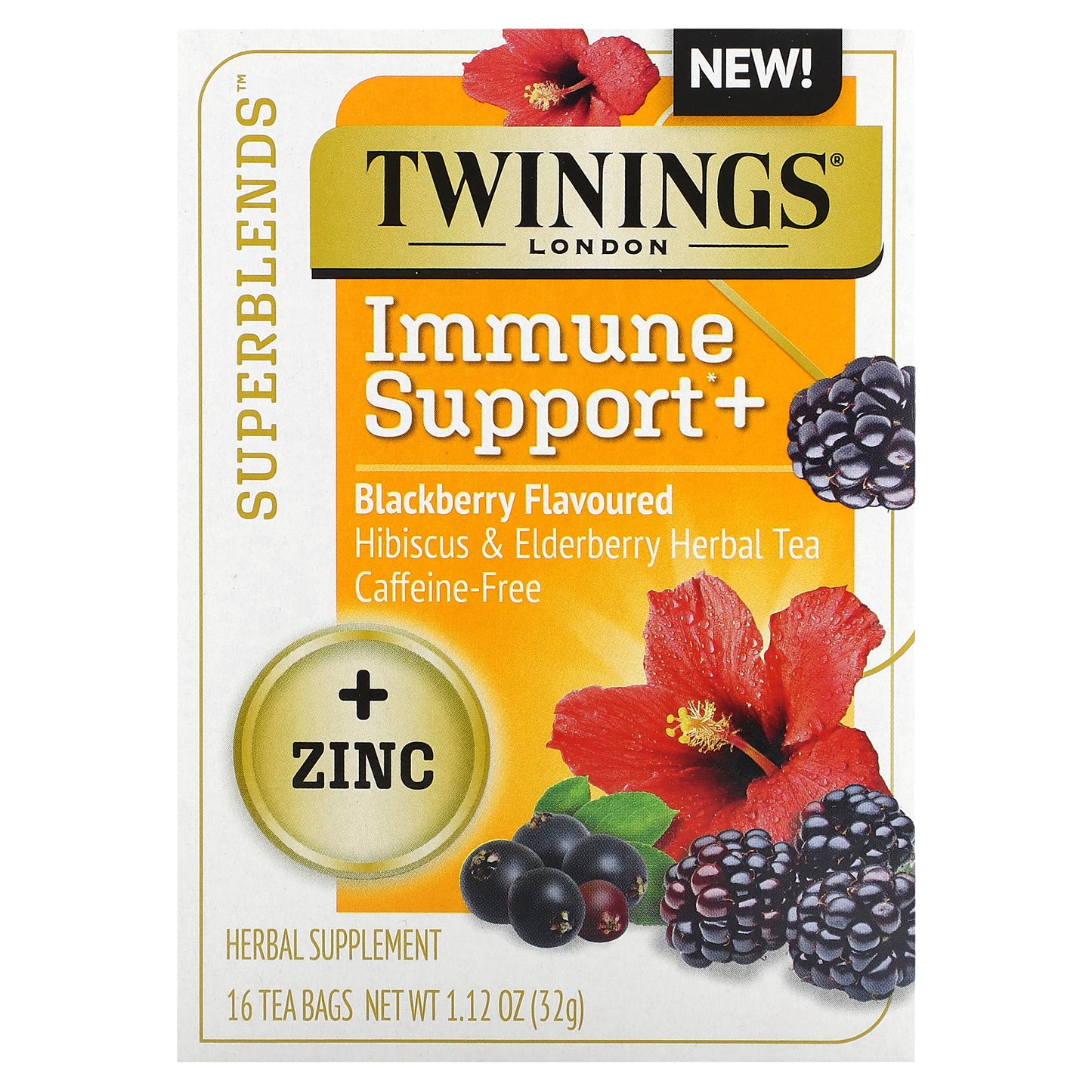 Twinings, Superblends, Immune Support+ Hibiscus & Elderberry Herbal Tea, Blackberry, Caffeine-Free, 16 Tea Bags, 1.12 oz (32 g)