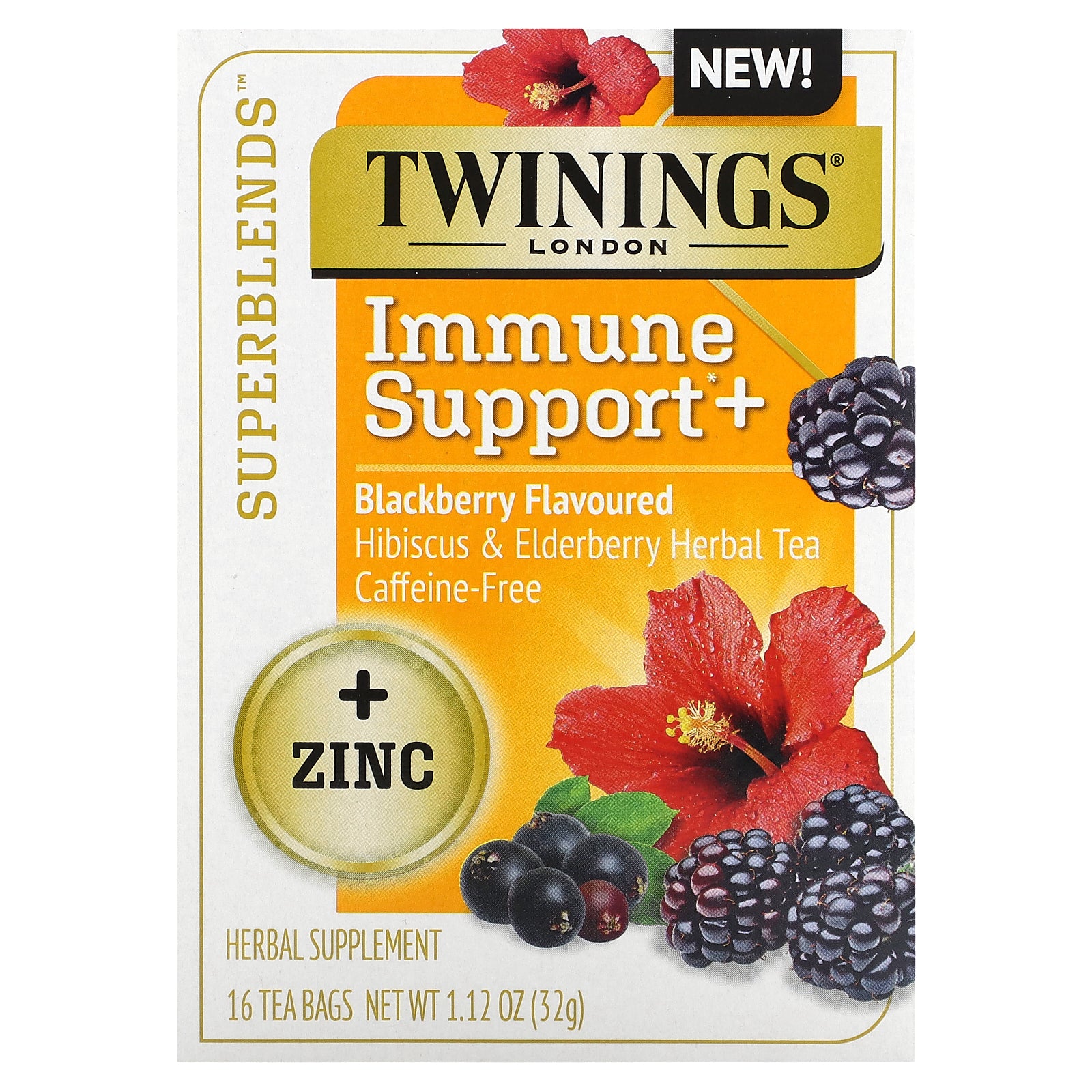 Twinings, Superblends, Immune Support+ Hibiscus & Elderberry Herbal Tea, Blackberry, Caffeine-Free, 16 Tea Bags, 1.12 oz (32 g)