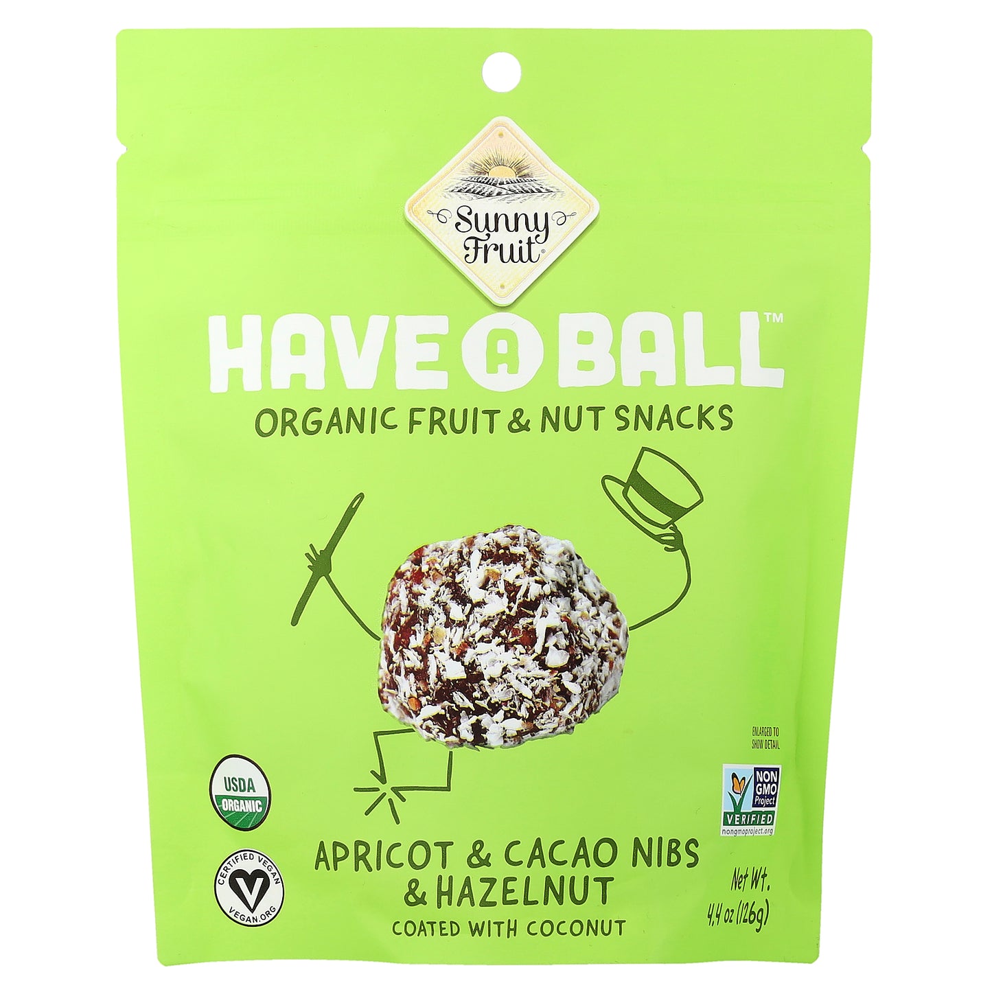 Sunny Fruit, Have A Ball™, Organic Fruit & Nut Snacks, Apricot & Cacao Nibs & Hazelnut, 4.4 oz ( 126 g)